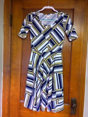 LuLaRoe Amelia Fit & Flare Small Navy, White & Yellow Striped Midi Dress